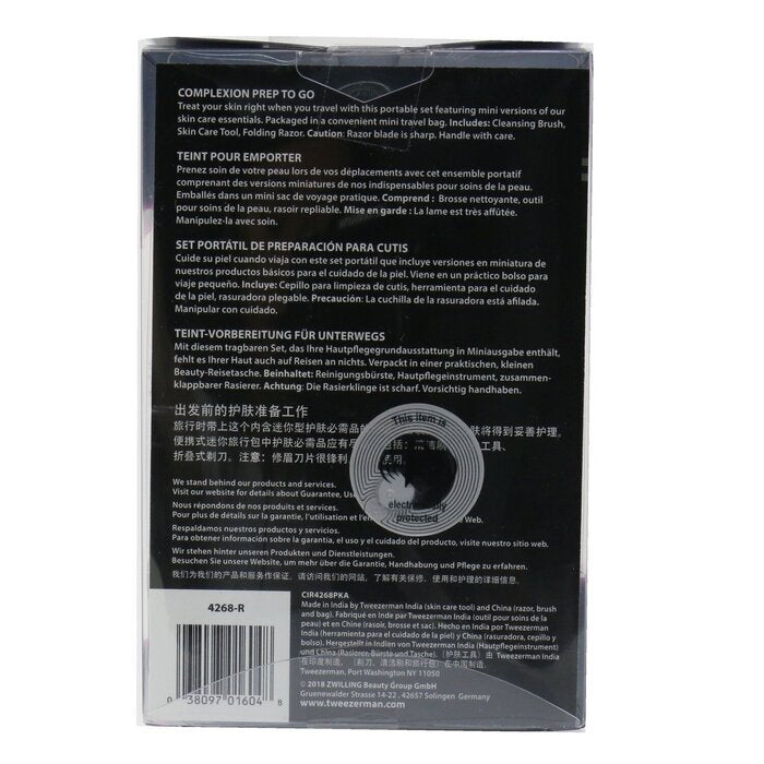 Tweezerman Complexion Prep To Go Set : Brosse Nettoyante + Outil de Soin de la Peau + Rasoir Pliable + Sac de Voyage 3 pcs + 1 Sac