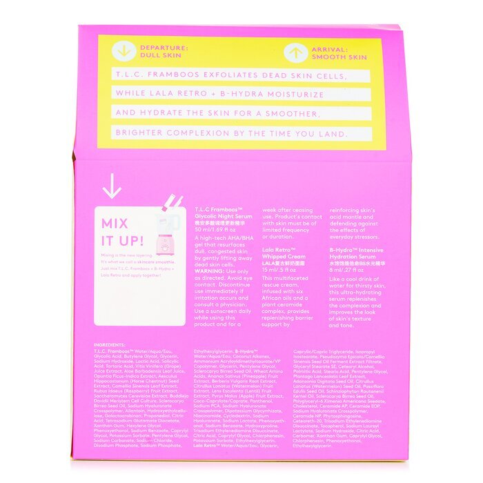 Drunk Elephant The TakeOff Kit: TLC Framboos Nachtserum 50 ml + B-Hydra Serum 8 ml + Lala Retro Schlagsahne 15 ml 3-tlg.