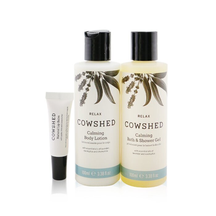 Cowshed Relax Calming Essentials Set: Natural Lip Balm 5ml+ Bath & Shower Gel 100ml+ Body Lotion 100ml+ Bag 3pcs+1bag