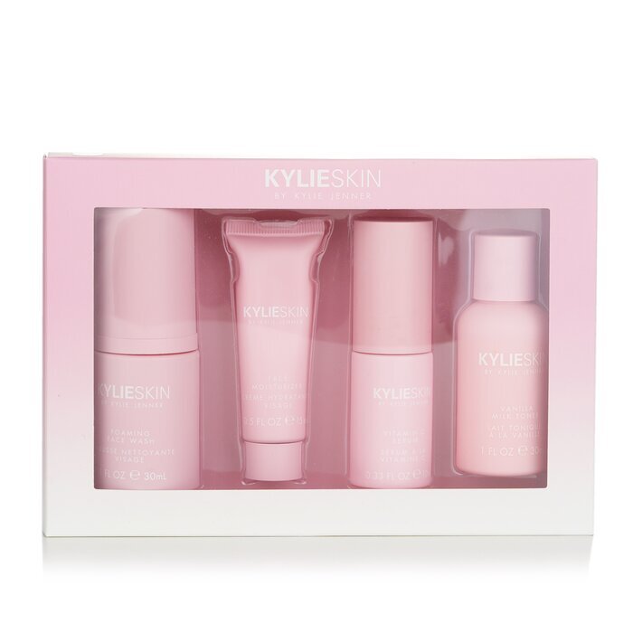 Kylie Skin 4-teiliges Mini-Set: Schäumendes Gesichtswaschmittel 30 ml + Gesichtsfeuchtigkeitscreme 15 ml + Vitamin-C-Serum 10 ml + Vanillemilch-Toner 30 ml, 4-tlg.
